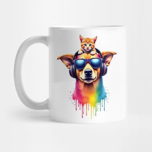Cool dog with headphones and a cute cat on his head for both cat and dog lovers Mug
